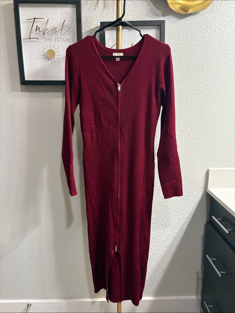 J for Justify Burgundy Zip-Front Ribbed Long Sleeve Midi Dress